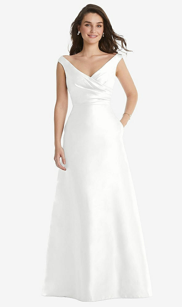 Front View - White Off-the-Shoulder Draped Wrap Maxi Dress with Pockets