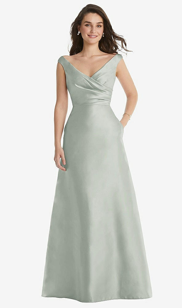 Front View - Willow Green Off-the-Shoulder Draped Wrap Maxi Dress with Pockets
