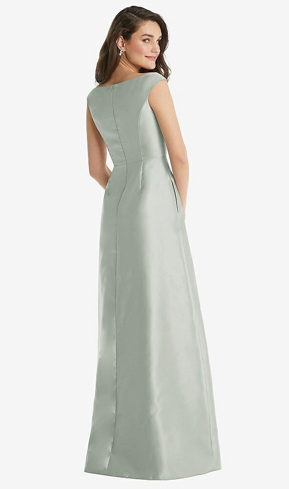 Back View - Willow Green Off-the-Shoulder Draped Wrap Maxi Dress with Pockets