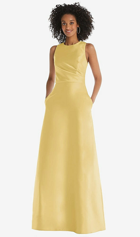 Front View - Maize Jewel Neck Asymmetrical Shirred Bodice Maxi Dress with Pockets