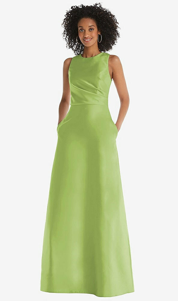 Front View - Mojito Jewel Neck Asymmetrical Shirred Bodice Maxi Dress with Pockets