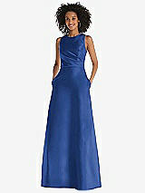 Front View Thumbnail - Classic Blue Jewel Neck Asymmetrical Shirred Bodice Maxi Dress with Pockets