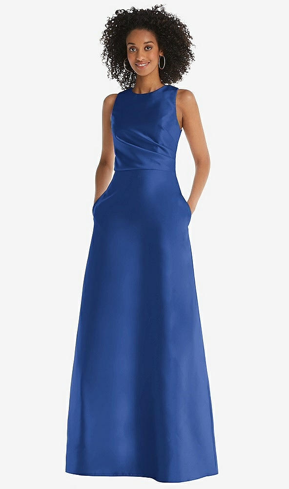 Front View - Classic Blue Jewel Neck Asymmetrical Shirred Bodice Maxi Dress with Pockets
