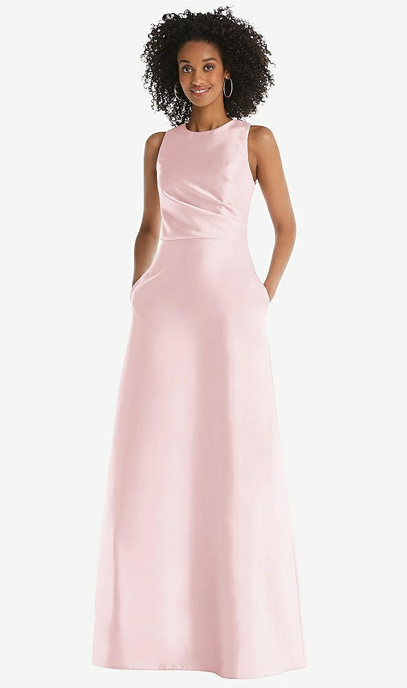 Front View - Ballet Pink Jewel Neck Asymmetrical Shirred Bodice Maxi Dress with Pockets