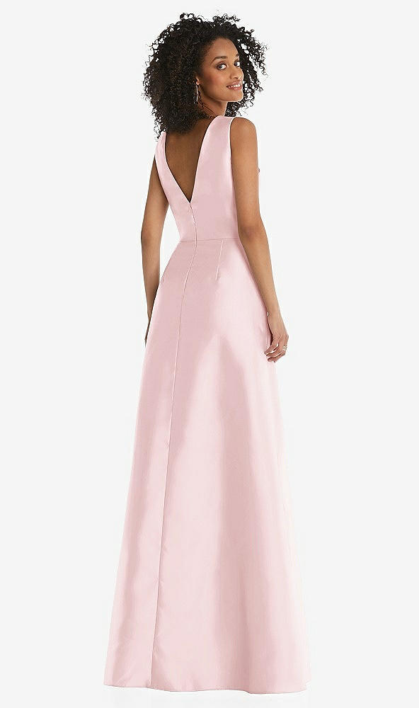 Back View - Ballet Pink Jewel Neck Asymmetrical Shirred Bodice Maxi Dress with Pockets