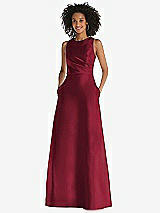 Front View Thumbnail - Burgundy Jewel Neck Asymmetrical Shirred Bodice Maxi Dress with Pockets