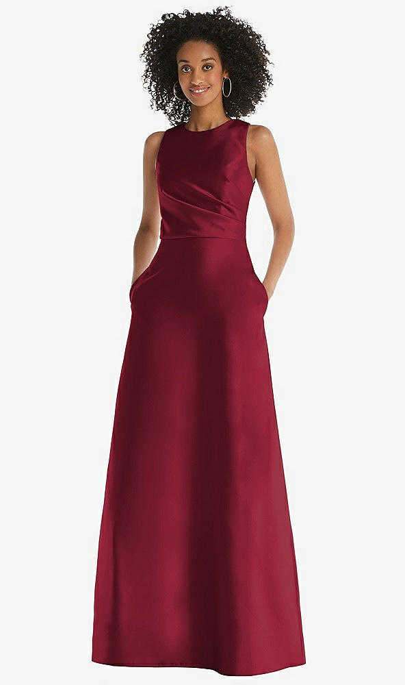Front View - Burgundy Jewel Neck Asymmetrical Shirred Bodice Maxi Dress with Pockets