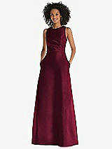 Front View Thumbnail - Cabernet Jewel Neck Asymmetrical Shirred Bodice Maxi Dress with Pockets