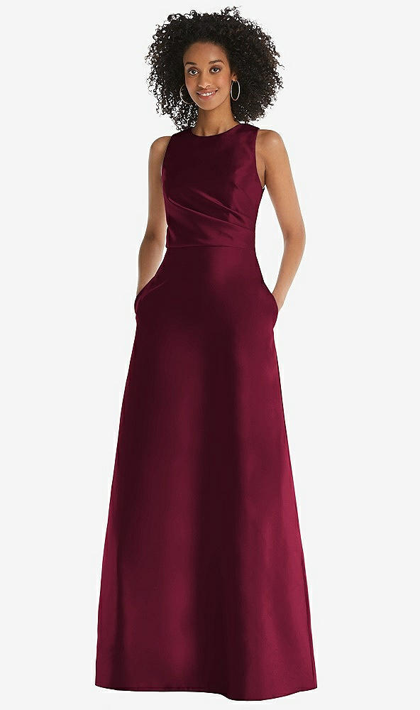 Front View - Cabernet Jewel Neck Asymmetrical Shirred Bodice Maxi Dress with Pockets