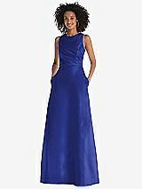 Front View Thumbnail - Cobalt Blue Jewel Neck Asymmetrical Shirred Bodice Maxi Dress with Pockets