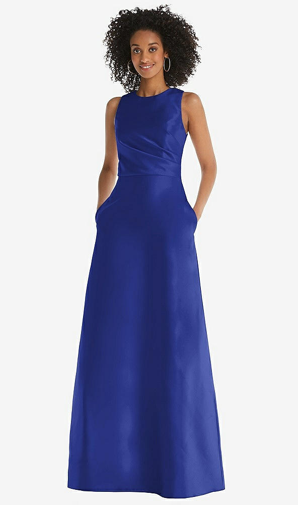 Front View - Cobalt Blue Jewel Neck Asymmetrical Shirred Bodice Maxi Dress with Pockets