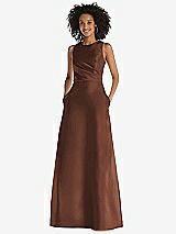 Front View Thumbnail - Cognac Jewel Neck Asymmetrical Shirred Bodice Maxi Dress with Pockets
