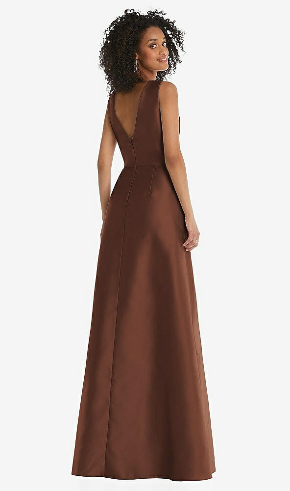 Back View - Cognac Jewel Neck Asymmetrical Shirred Bodice Maxi Dress with Pockets