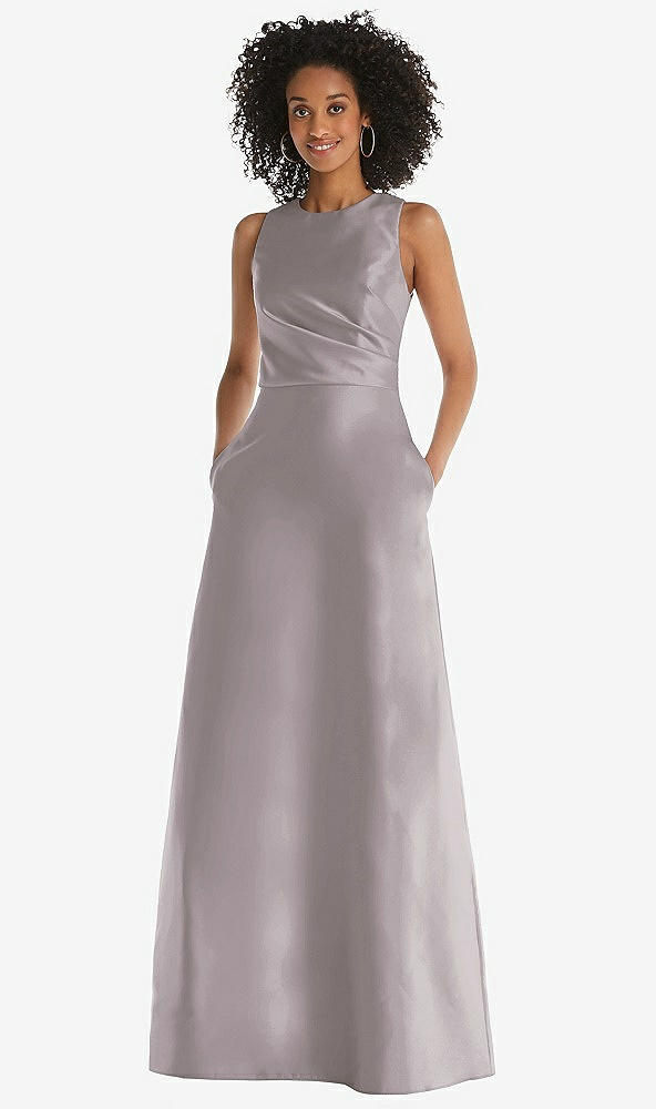 Front View - Cashmere Gray Jewel Neck Asymmetrical Shirred Bodice Maxi Dress with Pockets