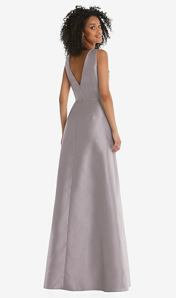 Back View - Cashmere Gray Jewel Neck Asymmetrical Shirred Bodice Maxi Dress with Pockets