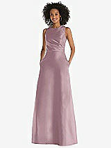 Front View Thumbnail - Dusty Rose Jewel Neck Asymmetrical Shirred Bodice Maxi Dress with Pockets