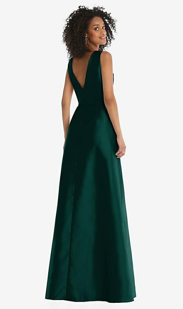 Back View - Evergreen Jewel Neck Asymmetrical Shirred Bodice Maxi Dress with Pockets