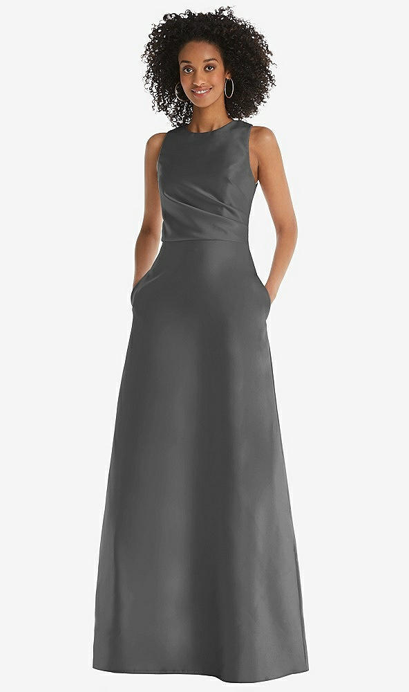 Front View - Gunmetal Jewel Neck Asymmetrical Shirred Bodice Maxi Dress with Pockets