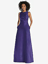 Front View Thumbnail - Grape Jewel Neck Asymmetrical Shirred Bodice Maxi Dress with Pockets
