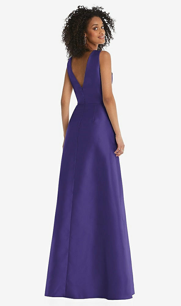Back View - Grape Jewel Neck Asymmetrical Shirred Bodice Maxi Dress with Pockets