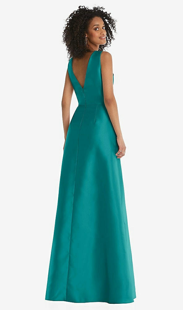 Back View - Jade Jewel Neck Asymmetrical Shirred Bodice Maxi Dress with Pockets