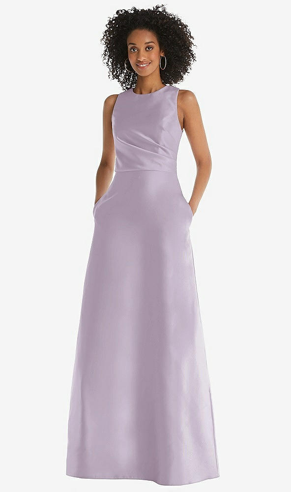 Front View - Lilac Haze Jewel Neck Asymmetrical Shirred Bodice Maxi Dress with Pockets