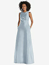 Front View Thumbnail - Mist Jewel Neck Asymmetrical Shirred Bodice Maxi Dress with Pockets