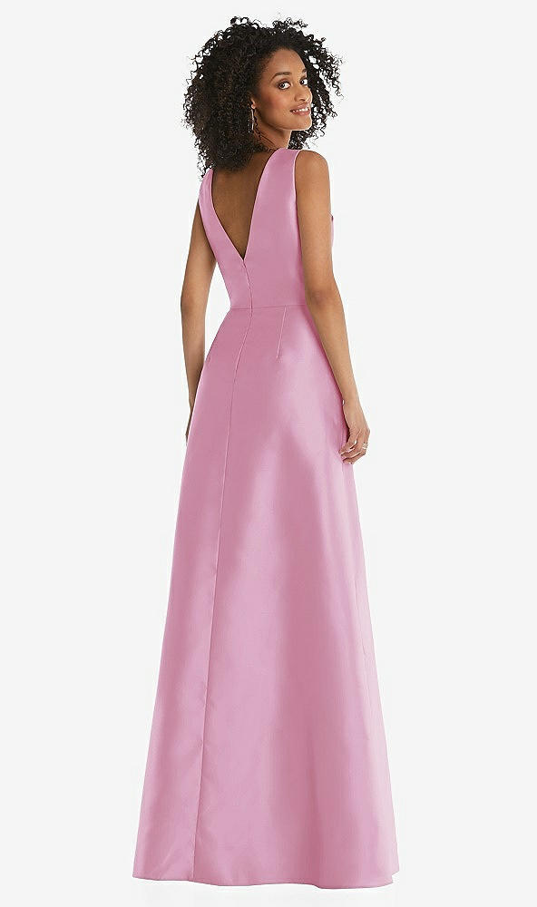 Back View - Powder Pink Jewel Neck Asymmetrical Shirred Bodice Maxi Dress with Pockets