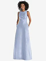 Front View Thumbnail - Sky Blue Jewel Neck Asymmetrical Shirred Bodice Maxi Dress with Pockets