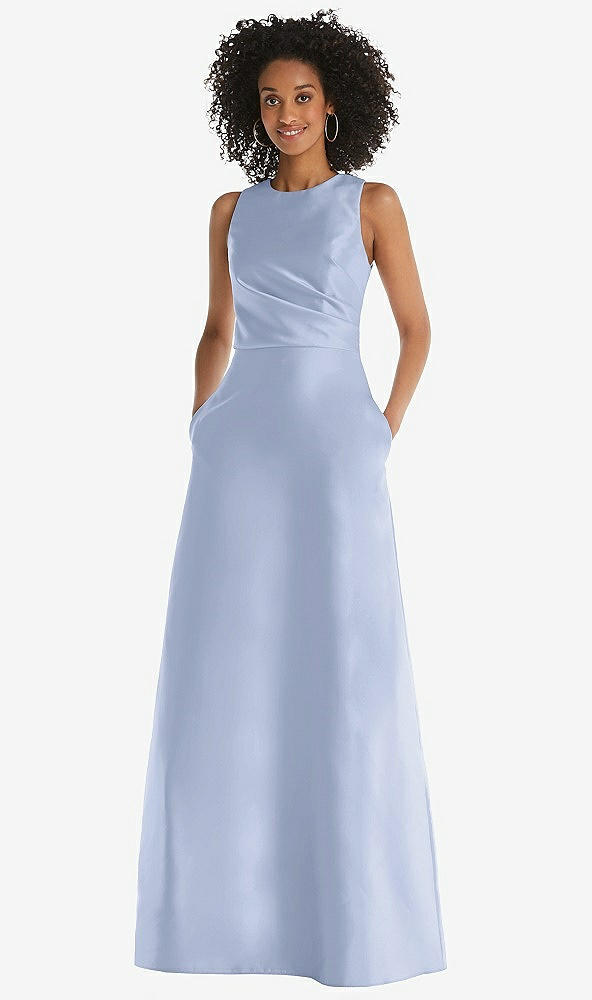 Front View - Sky Blue Jewel Neck Asymmetrical Shirred Bodice Maxi Dress with Pockets