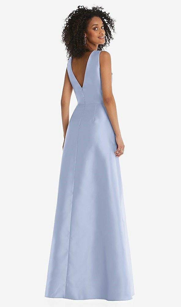 Back View - Sky Blue Jewel Neck Asymmetrical Shirred Bodice Maxi Dress with Pockets