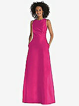 Front View Thumbnail - Think Pink Jewel Neck Asymmetrical Shirred Bodice Maxi Dress with Pockets