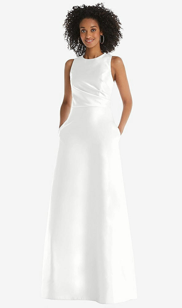 Front View - White Jewel Neck Asymmetrical Shirred Bodice Maxi Dress with Pockets