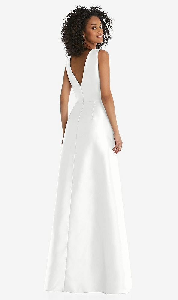Back View - White Jewel Neck Asymmetrical Shirred Bodice Maxi Dress with Pockets