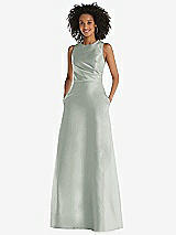 Front View Thumbnail - Willow Green Jewel Neck Asymmetrical Shirred Bodice Maxi Dress with Pockets