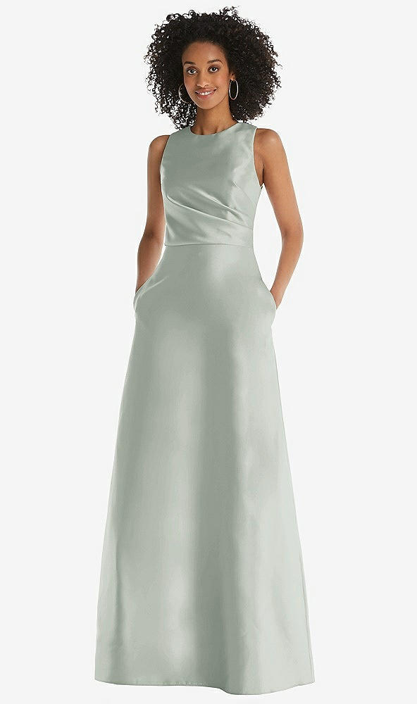 Front View - Willow Green Jewel Neck Asymmetrical Shirred Bodice Maxi Dress with Pockets