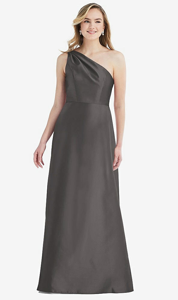 Front View - Caviar Gray Pleated Draped One-Shoulder Satin Maxi Dress with Pockets