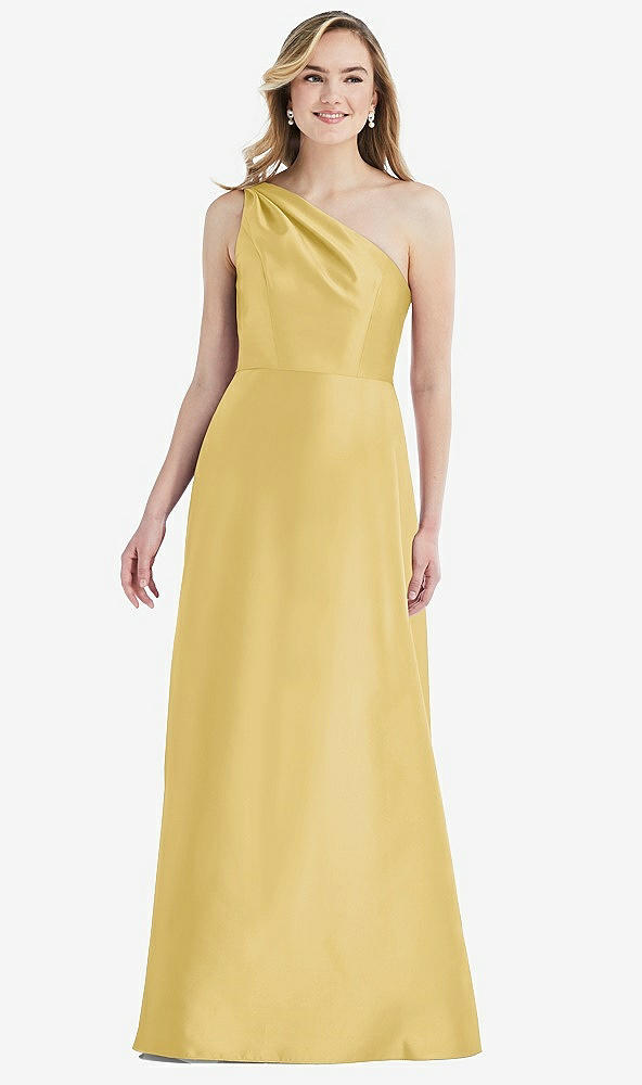 Front View - Maize Pleated Draped One-Shoulder Satin Maxi Dress with Pockets