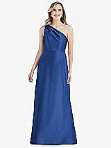 Front View Thumbnail - Classic Blue Pleated Draped One-Shoulder Satin Maxi Dress with Pockets