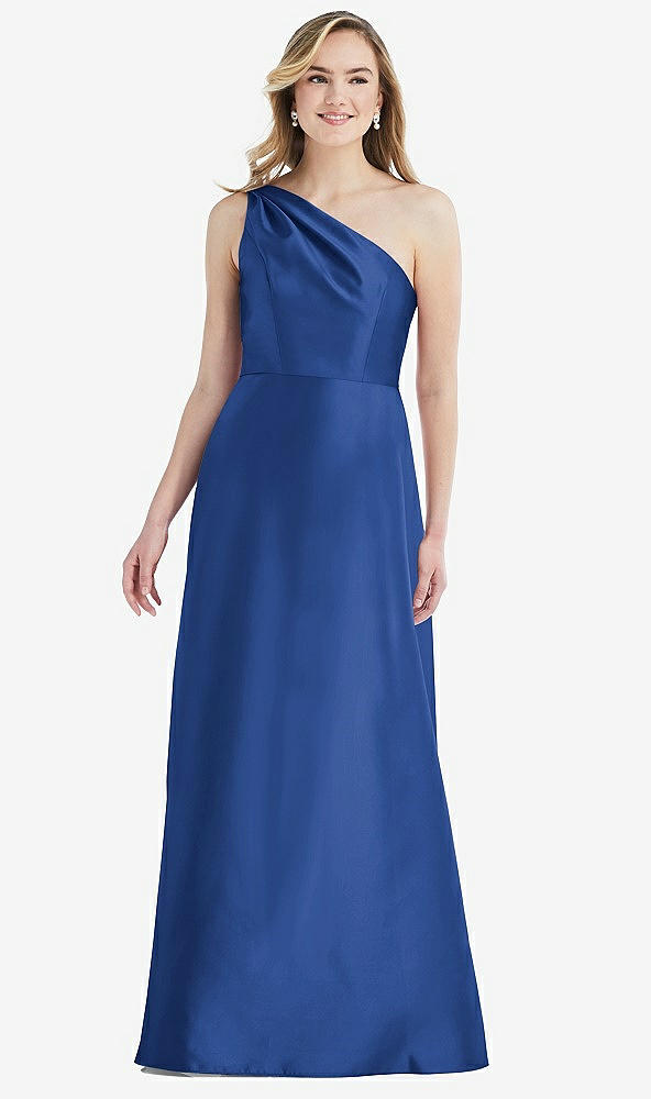 Front View - Classic Blue Pleated Draped One-Shoulder Satin Maxi Dress with Pockets