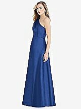 Side View Thumbnail - Classic Blue Pleated Draped One-Shoulder Satin Maxi Dress with Pockets