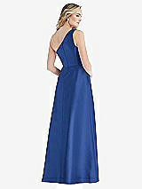 Rear View Thumbnail - Classic Blue Pleated Draped One-Shoulder Satin Maxi Dress with Pockets