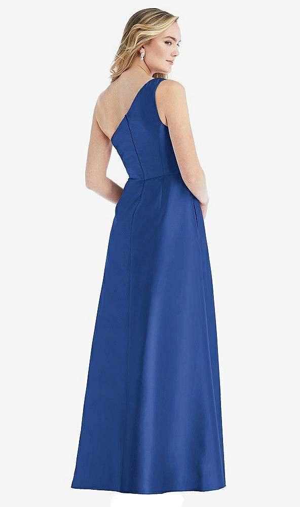 Back View - Classic Blue Pleated Draped One-Shoulder Satin Maxi Dress with Pockets