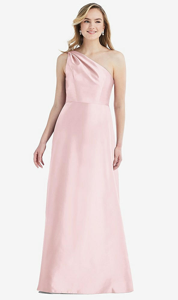 Front View - Ballet Pink Pleated Draped One-Shoulder Satin Maxi Dress with Pockets