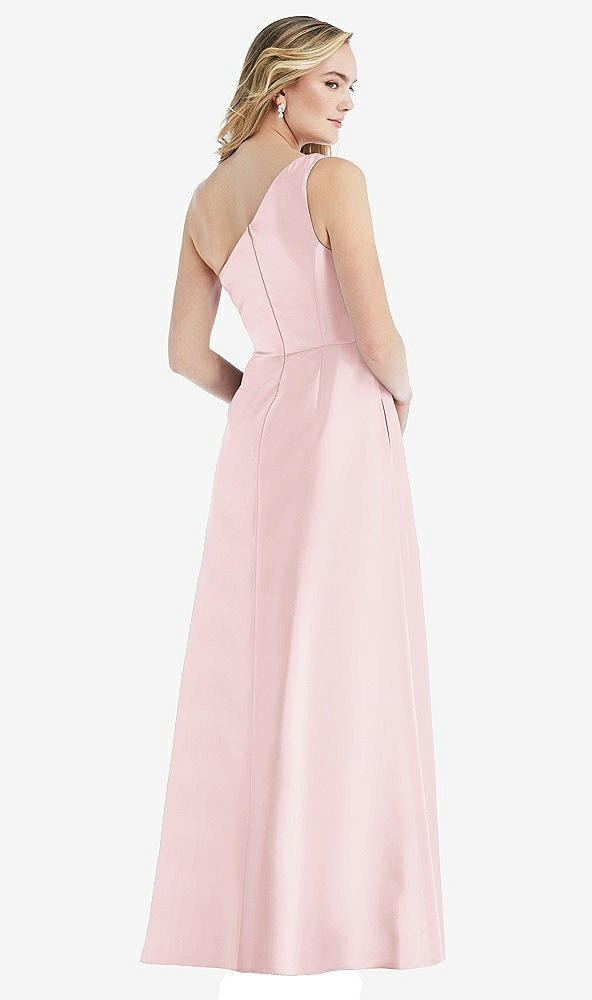 Back View - Ballet Pink Pleated Draped One-Shoulder Satin Maxi Dress with Pockets