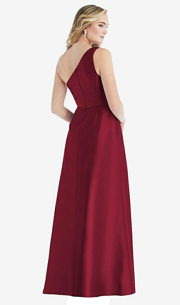 Back View - Burgundy Pleated Draped One-Shoulder Satin Maxi Dress with Pockets