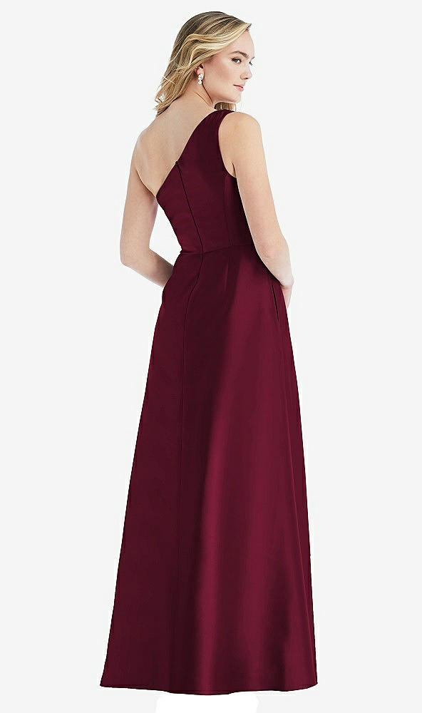 Back View - Cabernet Pleated Draped One-Shoulder Satin Maxi Dress with Pockets