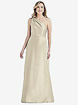 Front View Thumbnail - Champagne Pleated Draped One-Shoulder Satin Maxi Dress with Pockets
