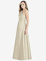 Side View Thumbnail - Champagne Pleated Draped One-Shoulder Satin Maxi Dress with Pockets