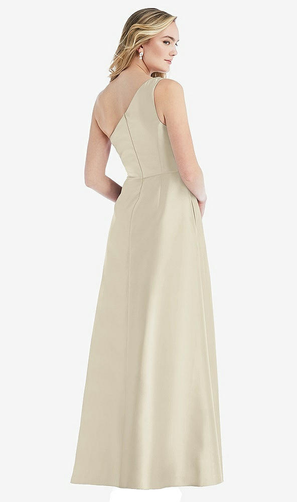 Back View - Champagne Pleated Draped One-Shoulder Satin Maxi Dress with Pockets